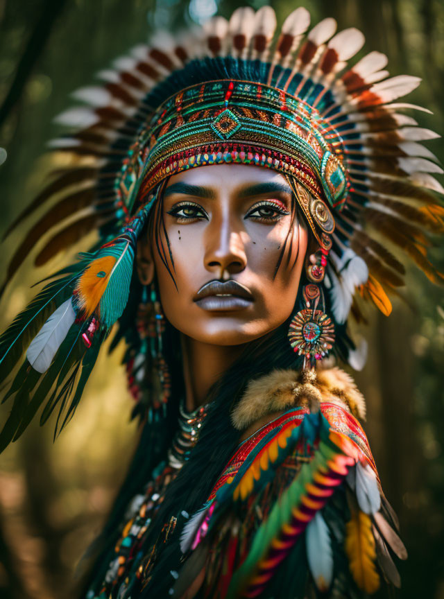 Colorful Native American headdress with feathers and beadwork in natural setting