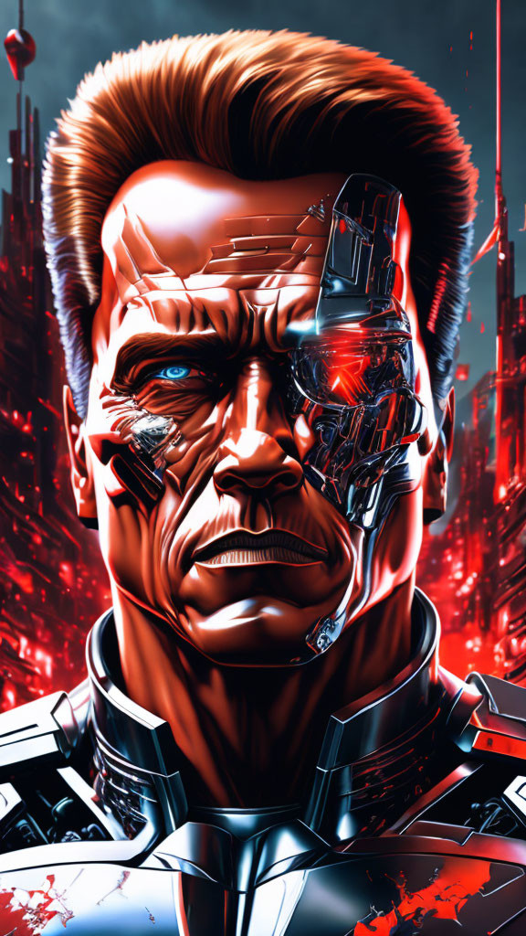 Cyborg with human-like features and exposed robotic endoskeleton in futuristic cityscape