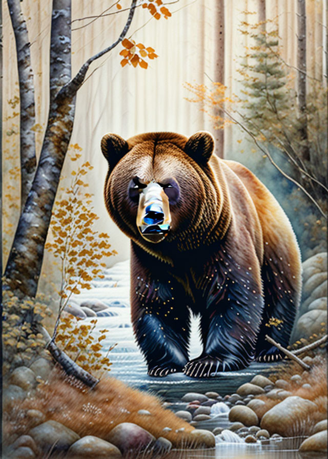 Realistic brown bear painting in autumn forest with riverbed