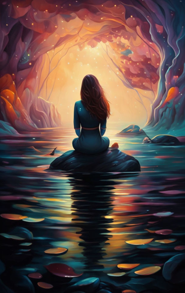 Woman Meditating in Serene Water-Filled Cave