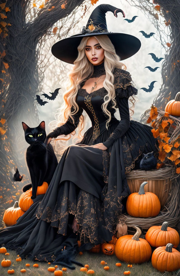 Woman in witch costume with black hat, pumpkins, cat, and bats in autumn scene