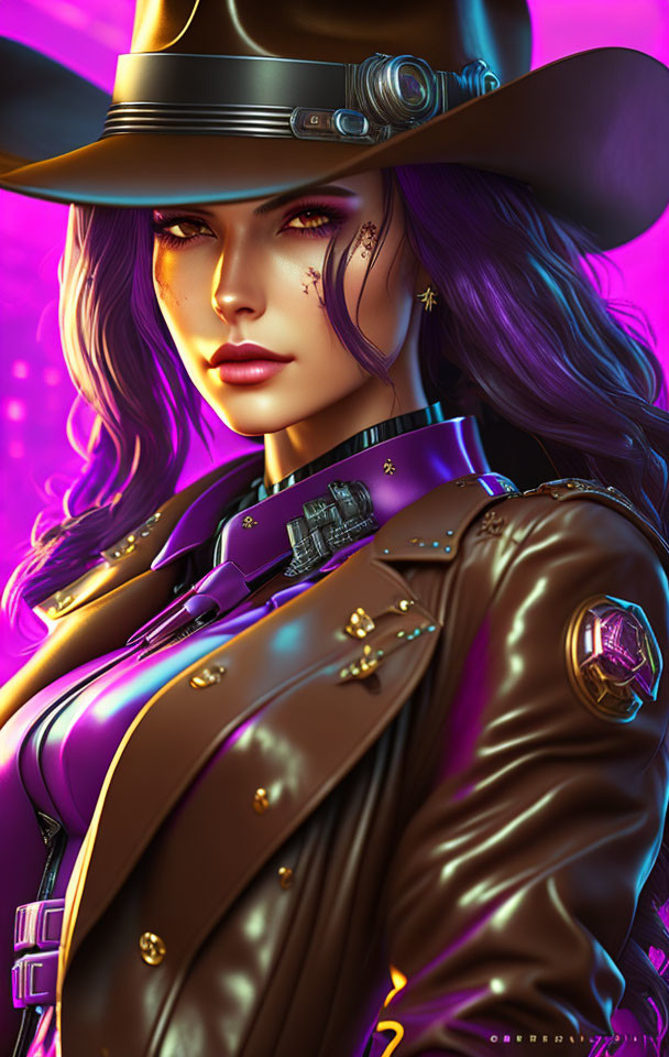 Digital artwork: Woman with hat, violet eyes, purple jacket, gold badges, stars on pink background