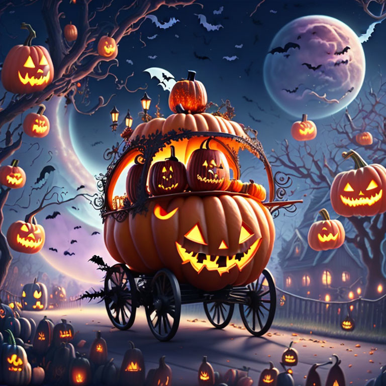 Whimsical Halloween scene: pumpkin carriage, jack-o'-lanterns, full moon