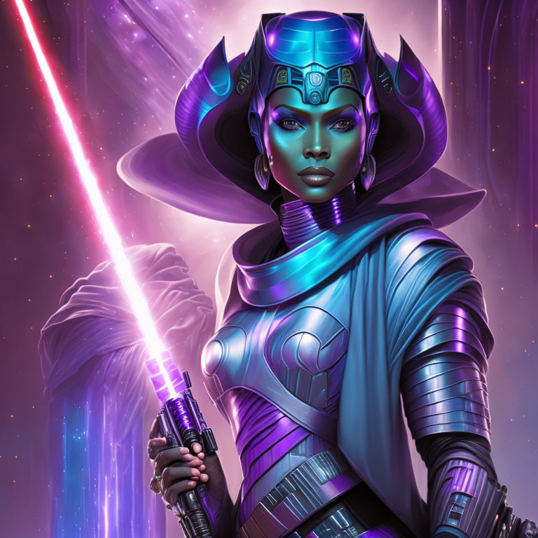 Purple-skinned female character in ornate armor with lightsaber on cosmic background.