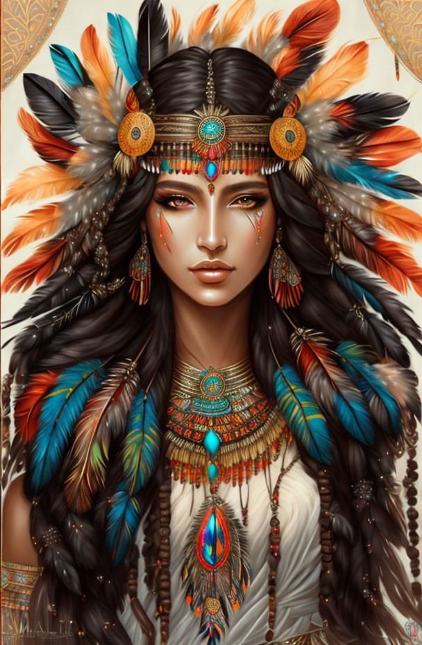 Colorful digital portrait of a woman in Native American headdress