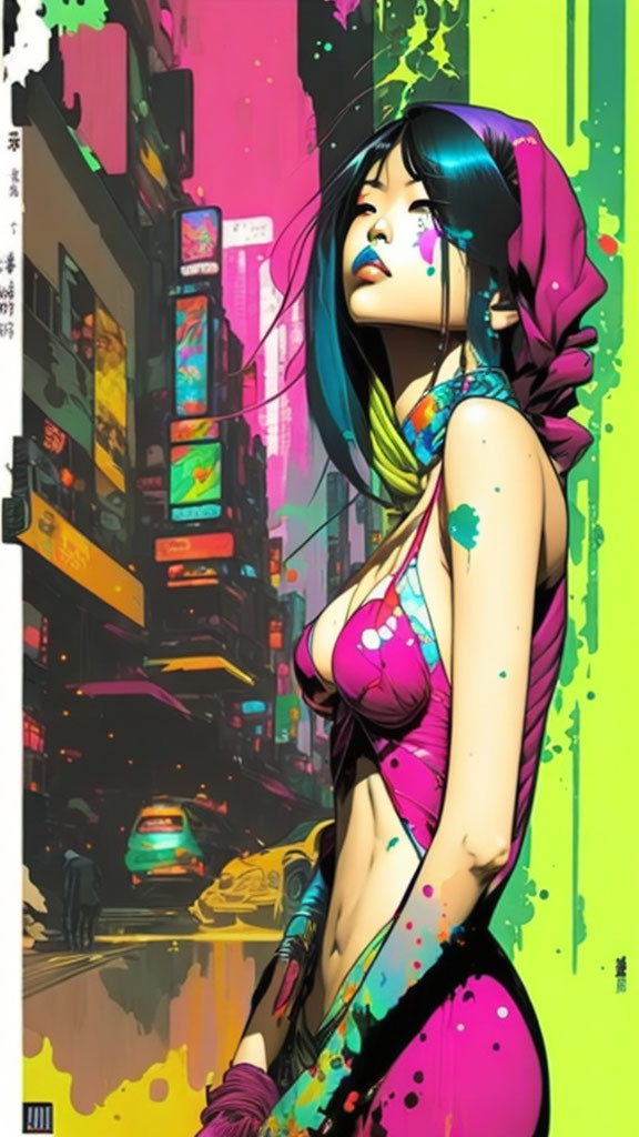 Colorful Woman in Hoodie with Paint Splashes in Futuristic City