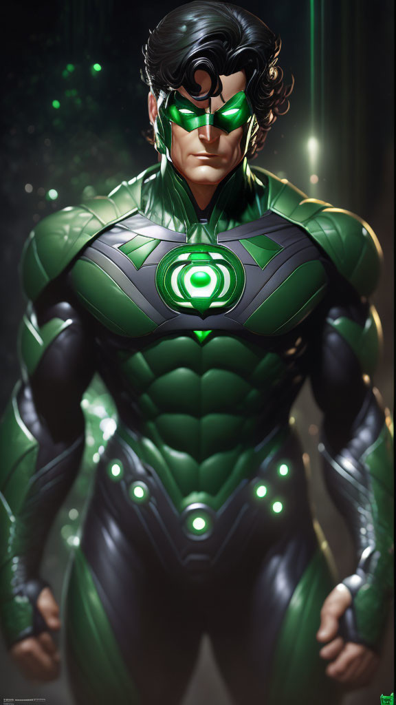 Confident superhero with glowing green emblem and mask in detailed green and black suit