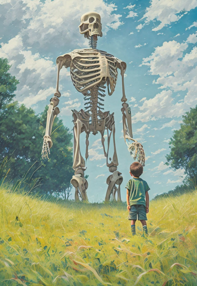 Boy in green shirt gazes at friendly skeleton in grassy field