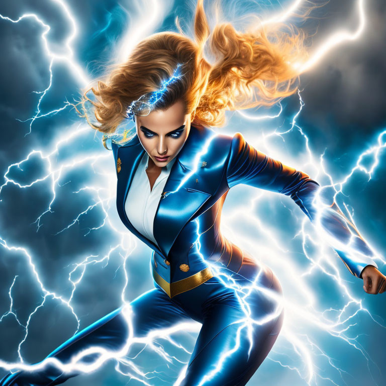 Female superhero in blue and gold suit with electric powers and dramatic lightning.