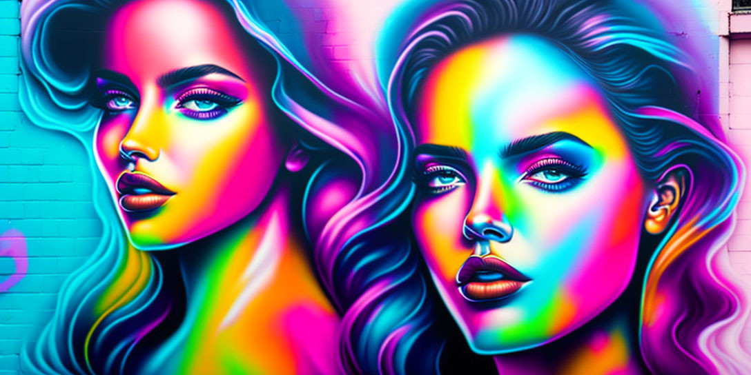 Colorful street art of two stylized female faces on purple brick wall