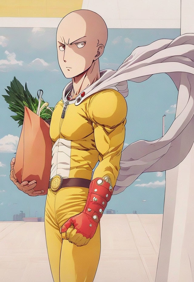 Bald animated character in yellow suit with cape holding paper bag against sky.