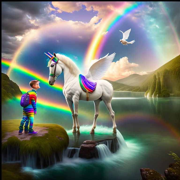 Colorfully dressed boy admires winged unicorn by waterfall with double rainbow and flying dove