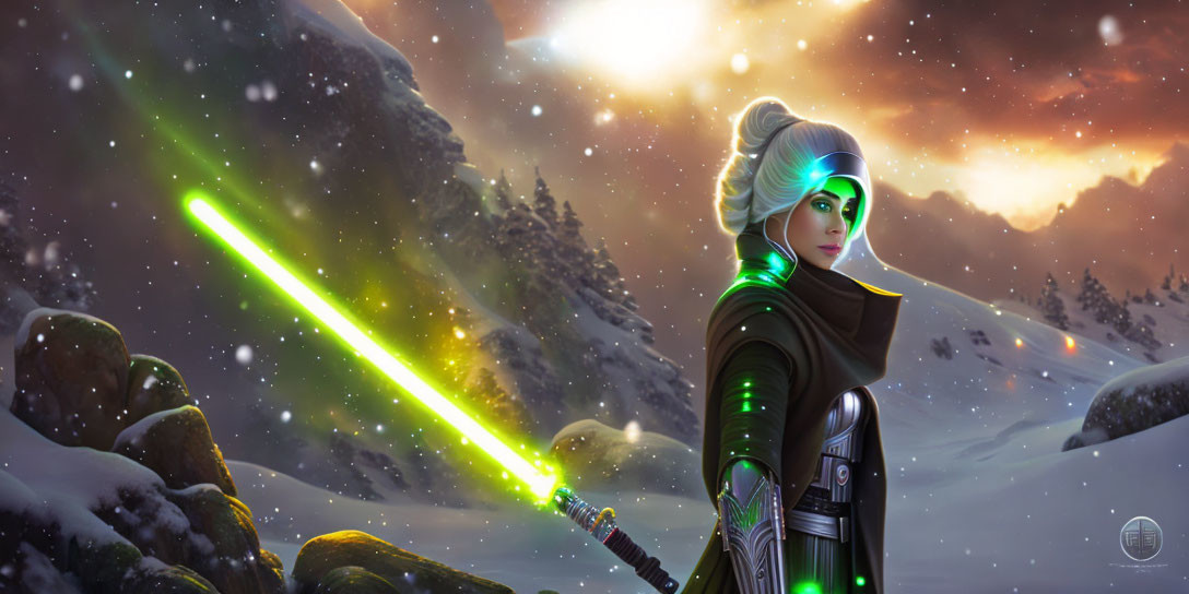 Stylized female character with green lightsaber in snowy landscape