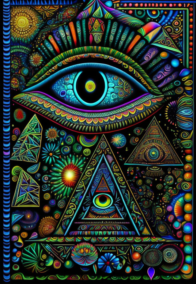 Colorful psychedelic art: all-seeing eye in triangle with cosmic motifs