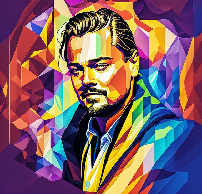 Vibrant geometric abstract portrait of a man with beard and slicked-back hair