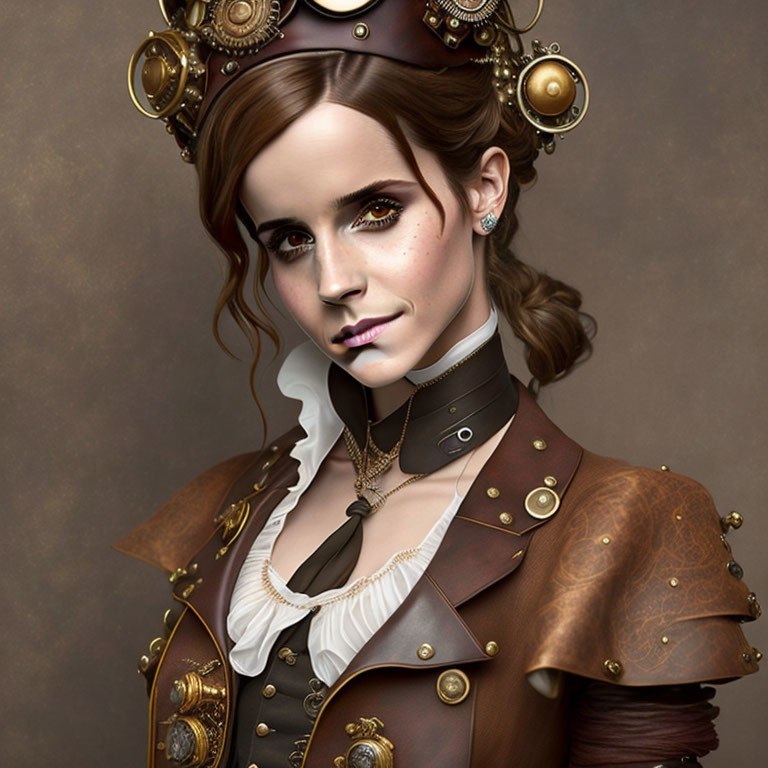 Steampunk woman portrait in brass goggles and leather attire