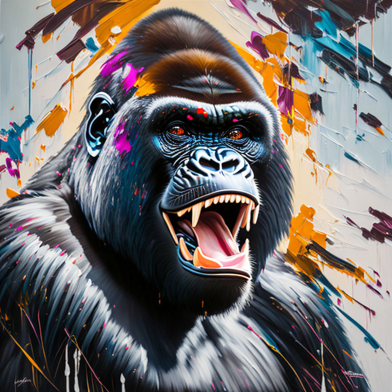 Vibrant gorilla portrait on abstract paint backdrop