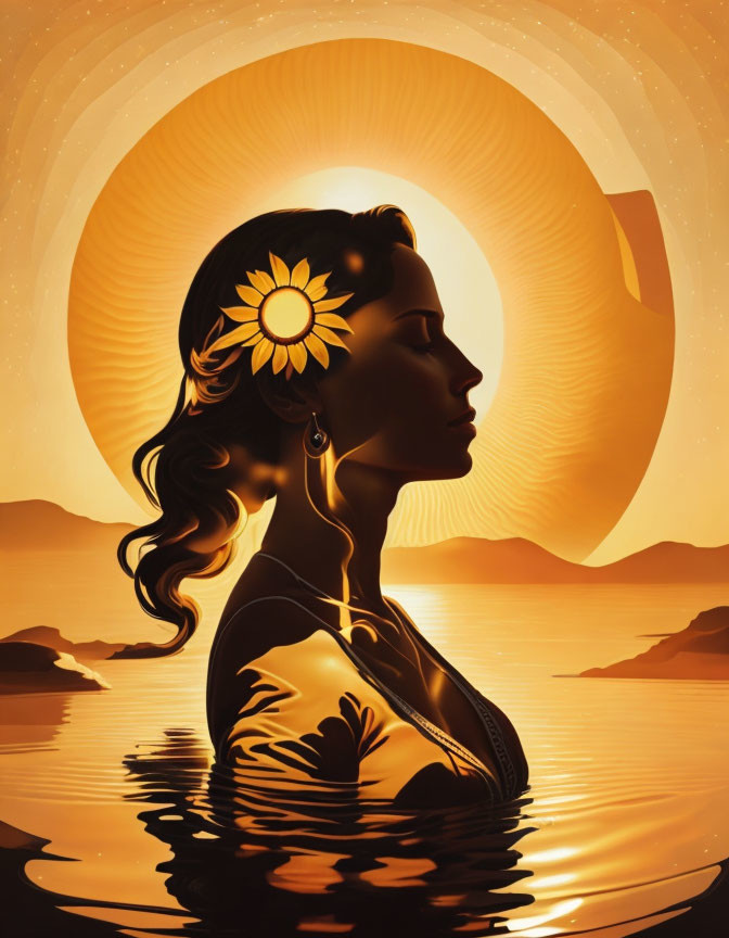 Woman silhouette with flower in hair at golden sunset over water and hills horizon