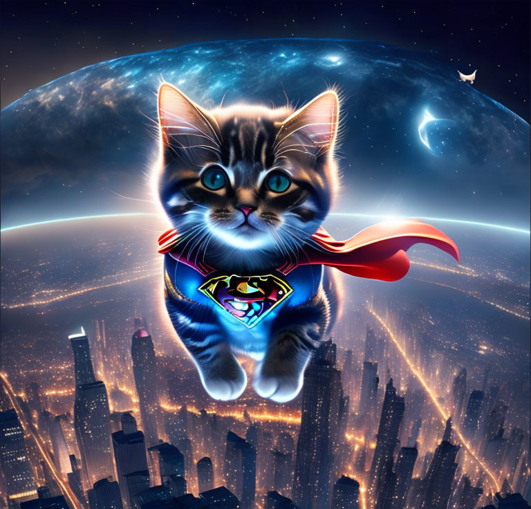 Adorable kitten in Superman suit soaring over cityscape