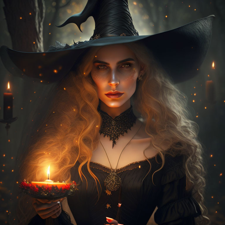 Blonde witch with candle in dark forest