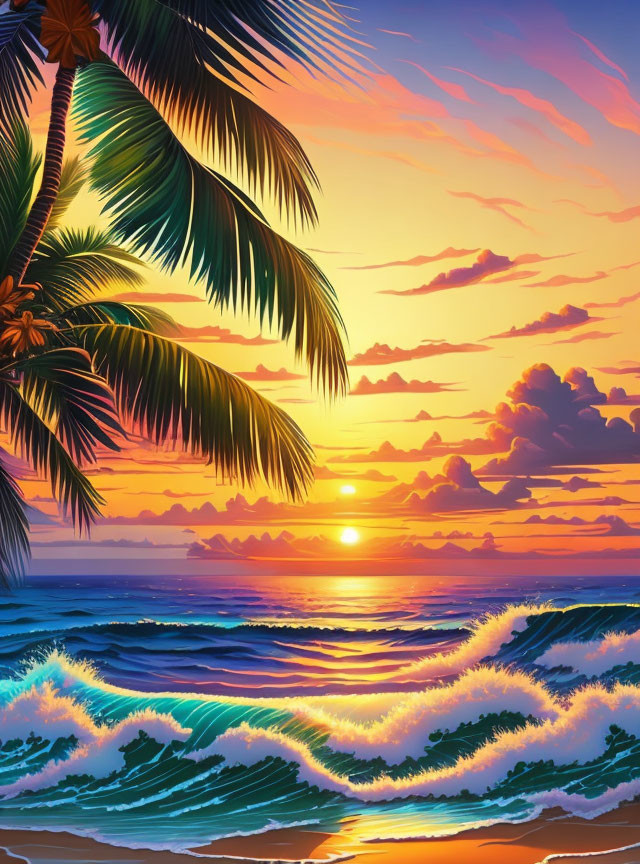 Colorful Beach Sunset with Palm Tree Silhouette and Wavy Ocean