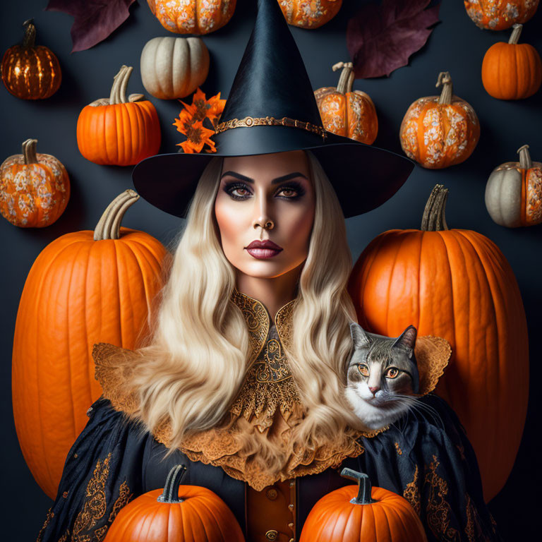 Woman in witch costume with black hat, pumpkins, cat on dark background