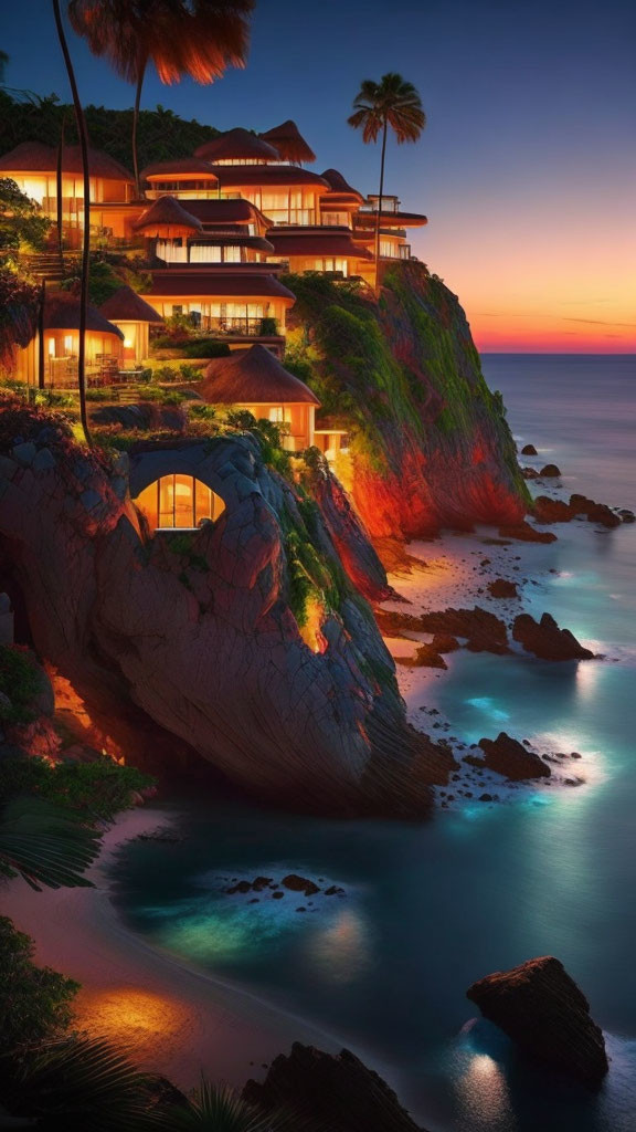 Cliffside Resort: Illuminated Villas Overlooking Ocean at Sunset