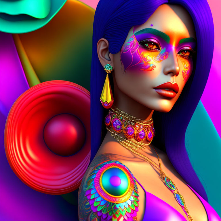 Vibrant digital art portrait of woman with colorful makeup and tattoos