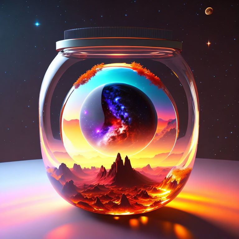 Glass jar with cosmic landscape: mountains, fiery horizon, celestial bodies, twilight sky