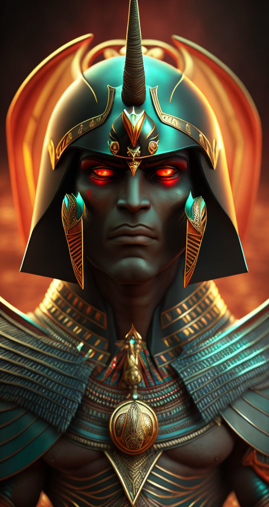 Character with Glowing Red Eyes in Egyptian Headdress and Armor