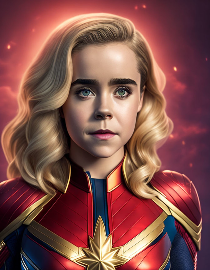 Blonde Woman in Captain Marvel Costume on Cosmic Background