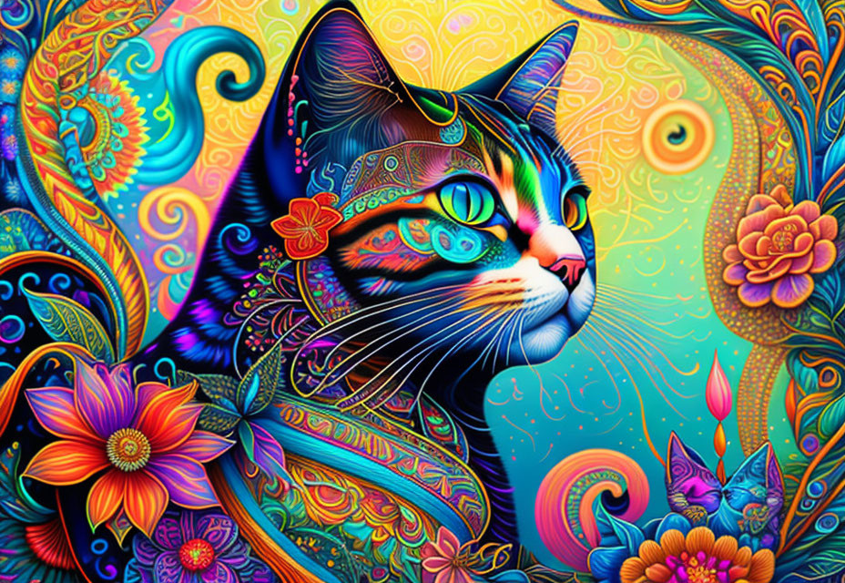 Colorful Psychedelic Cat Illustration with Floral Patterns