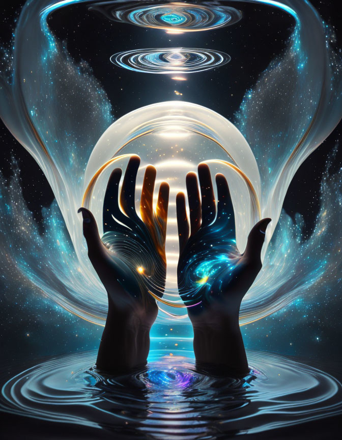 Hands cradle luminous orb with cosmic patterns, creating a miniature universe with water ripples.