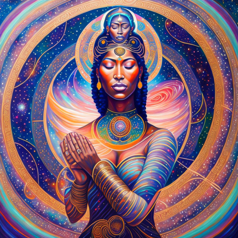 Colorful Artwork of Meditative Woman with Cosmic Motifs