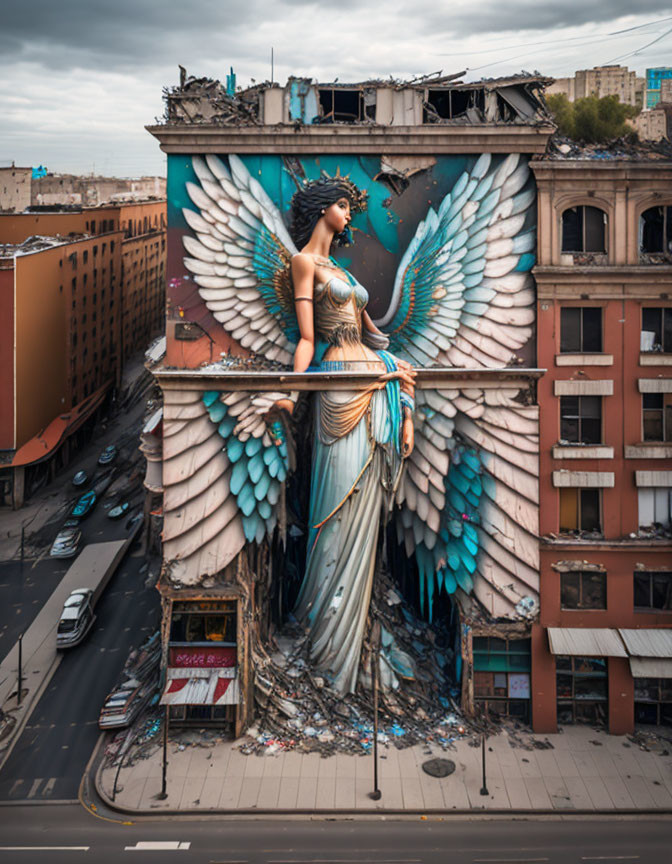 Colorful mural of woman with wings on multistory urban building