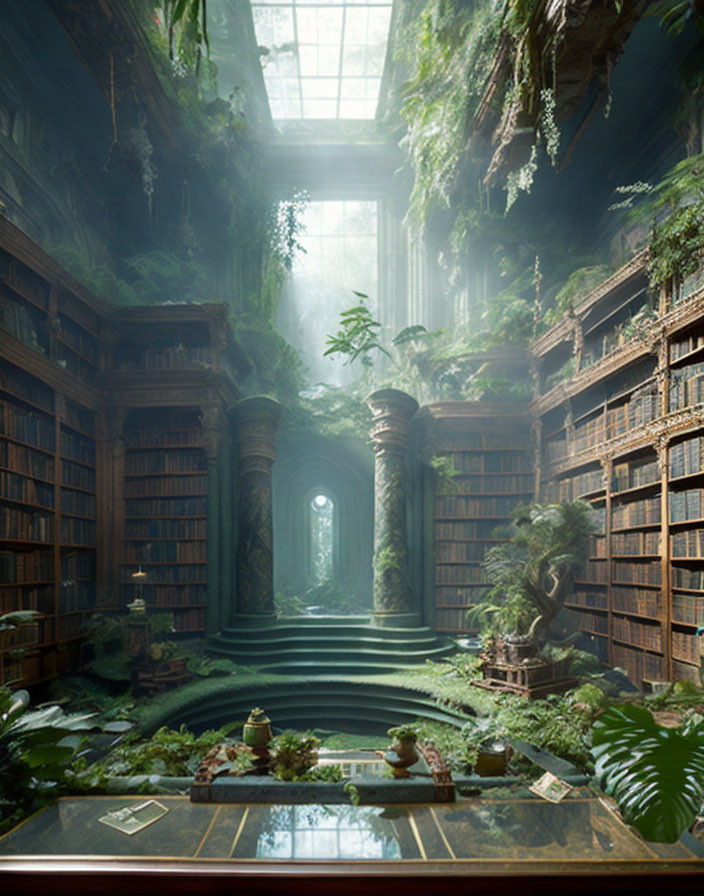 Mystical overgrown library with towering bookshelves and lush greenery