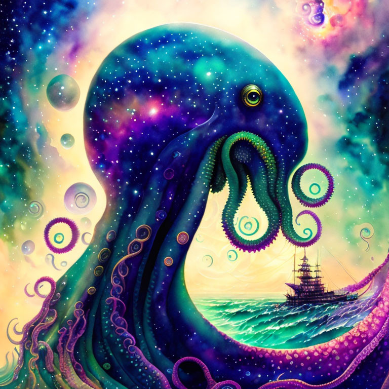 Colorful Giant Octopus Illustration with Cosmic Patterns and Sailing Ship