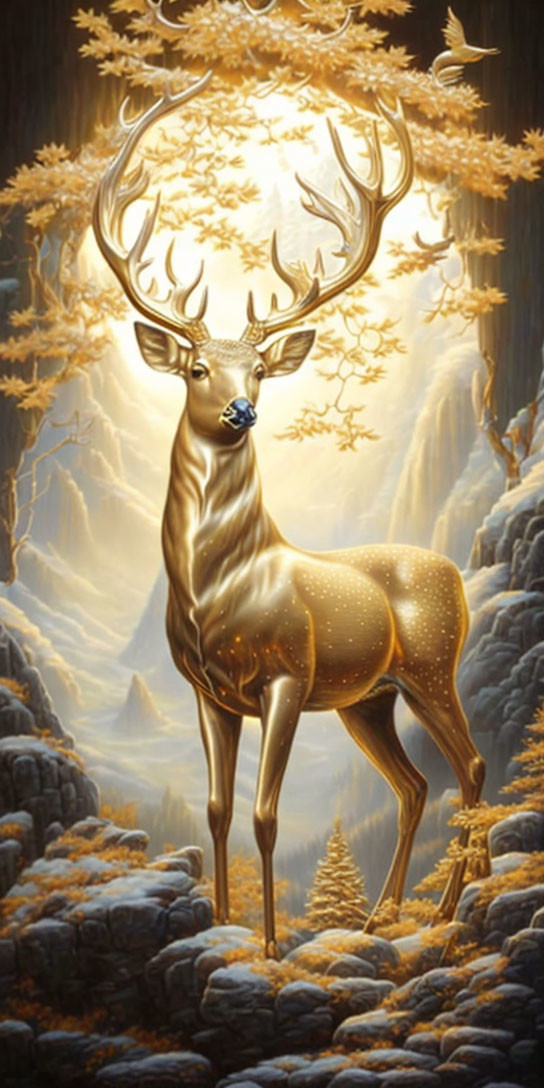 Majestic golden stag with glowing antlers in mystical forest landscape