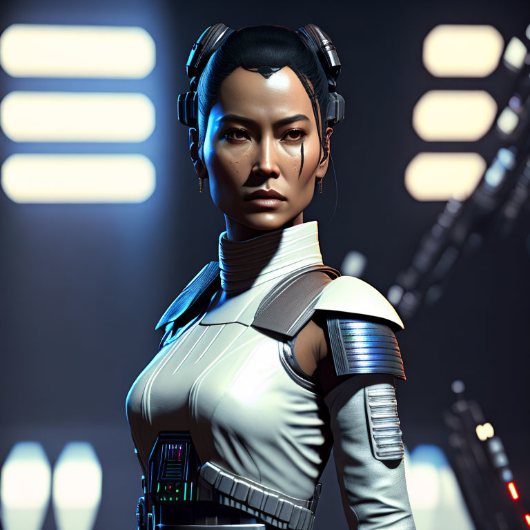 Futuristic female character with armor and headphones in 3D render