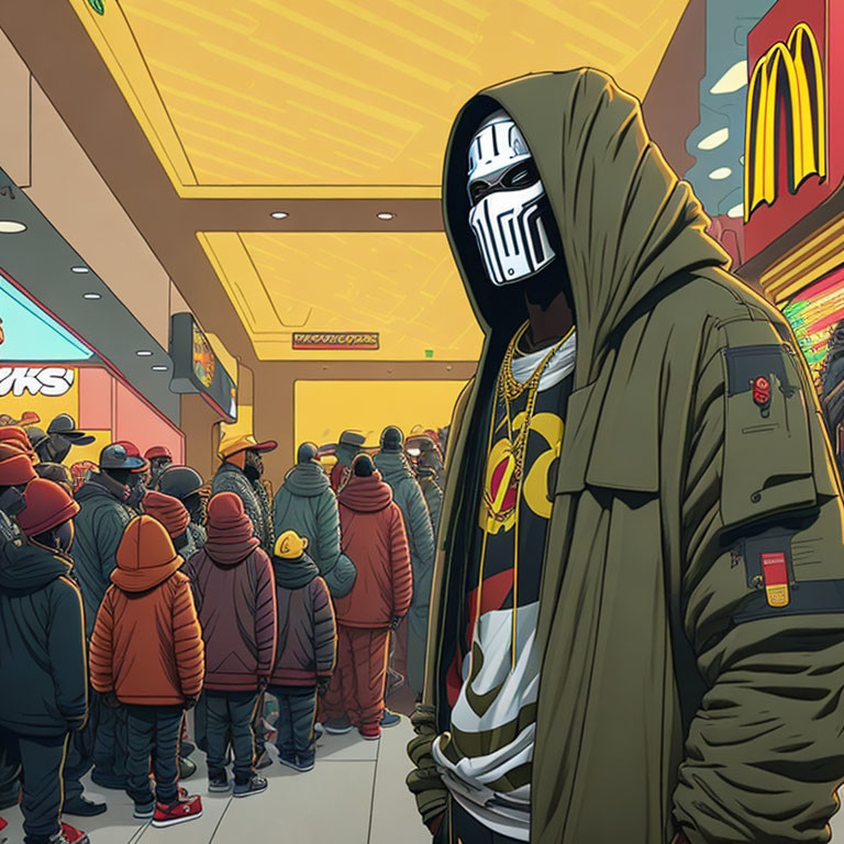 Person in Stylized Mask and Hoodie in Colorful Fast-Food Restaurant Queue