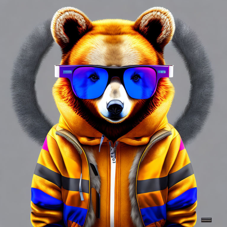 Anthropomorphic bear in blue sunglasses and striped hoodie on gray background