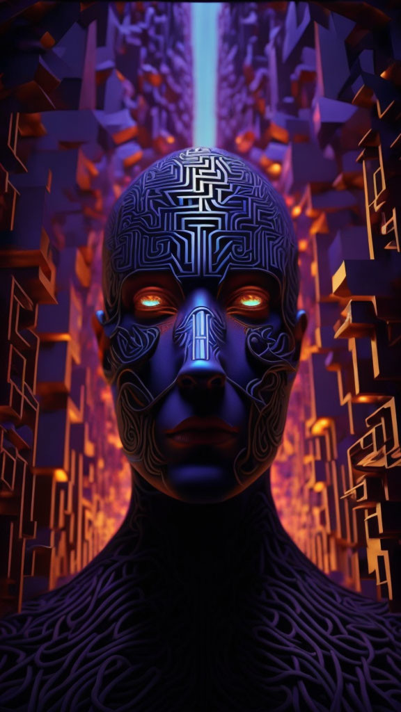 Intricate circuit-like patterns on figure's face with glowing red eyes