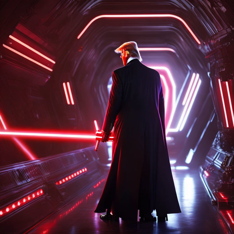 Person in suit and fedora with lightsaber in futuristic corridor with red neon lights