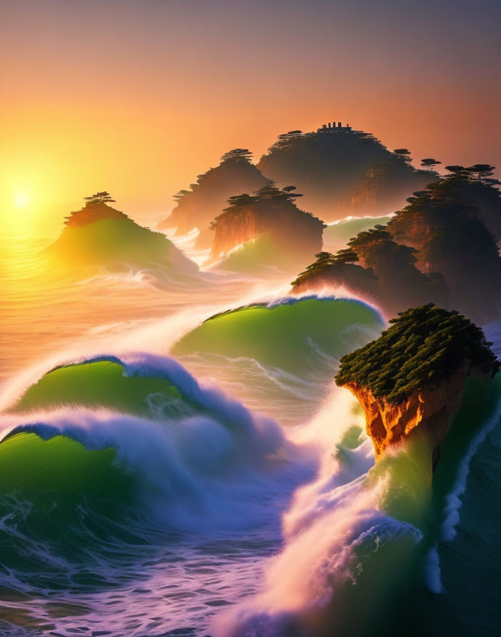 Colorful sunset illuminates surreal seascape with lush islands and large waves