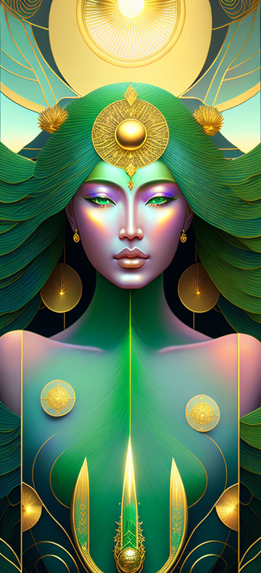 Ethereal woman with green hair in art nouveau style.