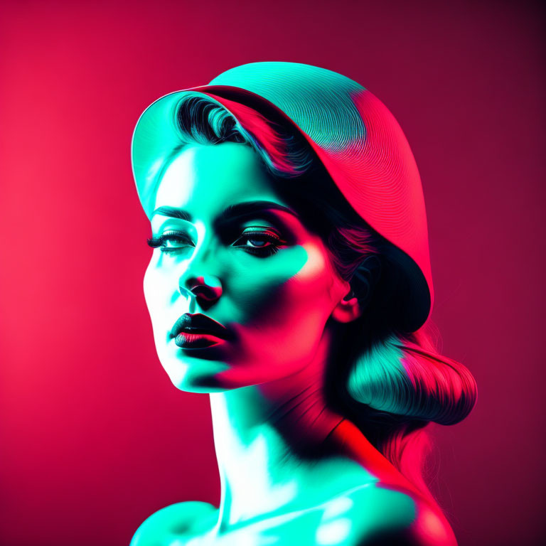 Vintage-styled woman in translucent hat under red and cyan lighting