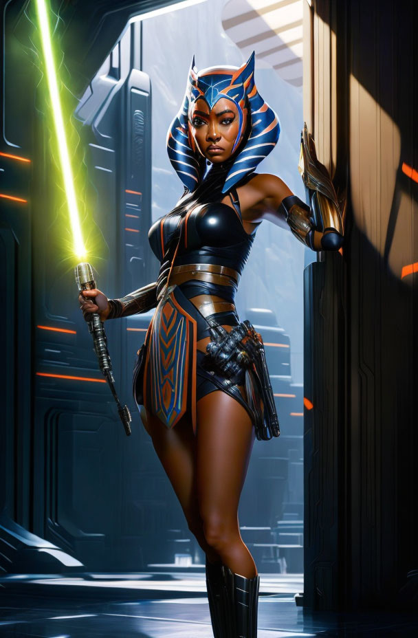 Detailed Ahsoka Tano Cosplay with Green Lightsaber in Futuristic Corridor