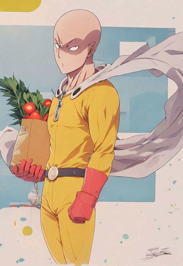 Bald animated character in yellow suit with tomatoes and white cape