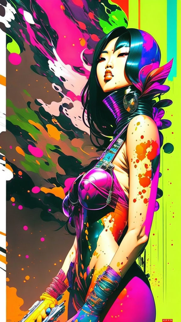 Colorful Stylized Woman Artwork with Long Black Hair