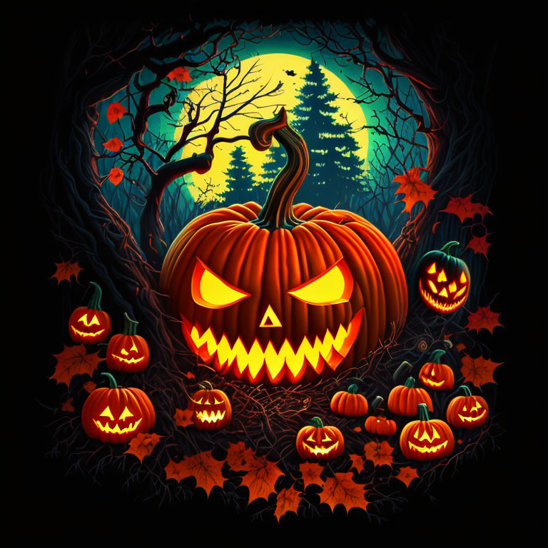 Spooky Halloween illustration with menacing pumpkin, jack-o'-lanterns, trees, and full moon